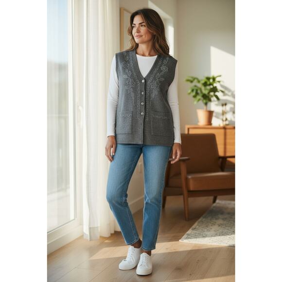 Y2K Vintage Beaded Vest Sweater Sz M Gray Boho Granny Retro Holiday Layer Preppy - Picture 1 of 16